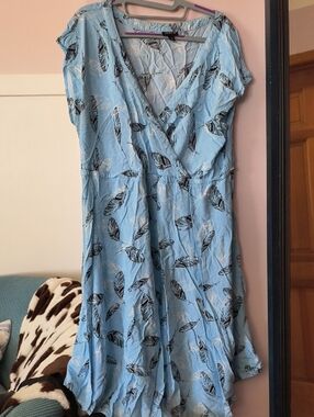torrid Light Blue Feather-Print Midi Wrap Dress